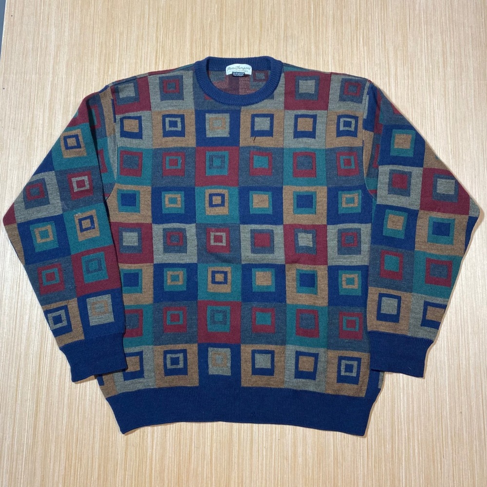 Norm Thompson Large Merino Wool Geometric Square Crewneck Sweater Multi Color